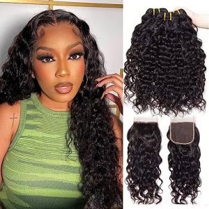 Tissage Bresilien avec Closure 12 14 16+10 Pouce Tissage Bresilien Boucle Cheveux Naturels Brésilien Bouclés Tissage Naturel Cheveux Humain Meche Bresilienne Tissage avec Closure Human Hair Bundles (PF hair products, neuf)