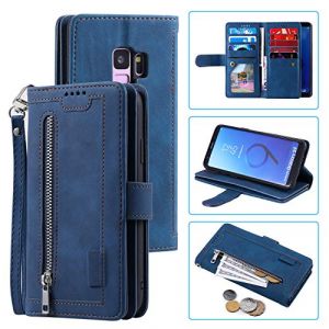 UEEBAI Coque pour Samsung Galaxy S9, Etui en Cuir PU Portefeuille R&eacute;tro Antichoc Flip Case Anti-Choc Housse avec Fentes de Cartes Fonction Support, Fermeture Magn&eacute;tique - Bleu (UEEBAI, neuf)