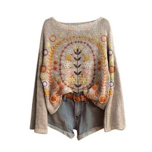 Pulls Femme Vintage Imprim&eacute; Floral Boh&egrave;me Pull Over Tricot&eacute; Chic Et &Eacute;l&eacute;gant Col Rond Manche Longue Sweater Motif Jacquard Hauts Oversize Casual Vetement 2025 Femme D&eacute;contract&eacute;s (Anglekie, neuf)