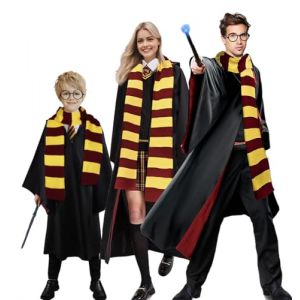Amycute Costume Sorcier Enfant Adulte Cape Kit Déguisement Accessoire Écharpe Lunette Cravate Collier Sorcier Halloween Carnaval Noël Cosplay (Rouge, 145) (Houstory, neuf)
