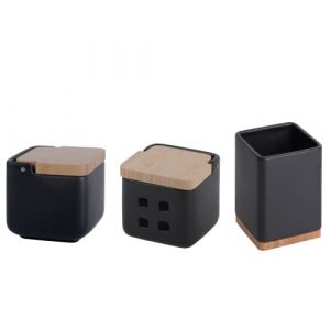 KOOK TIME Set d'accessoires de cuisine - comprend 1x Pot a sel cuisine, 1x Porte ustensiles de cuisine et 1x Pot d'ail - Céramique noire mate et base et dessus en bambou (Kook Shop, neuf)
