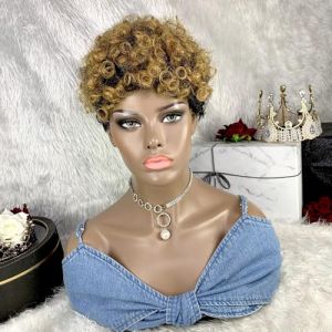 Perruque courte bouclée Bob 6 pouces Perruque courte bouclée Pixie avec cheveux de bébé Perruque sans colle résistante à la chaleur avec frange for femme Perruque courte ondulée(Gradient gold) (MYDZSWZX, neuf)