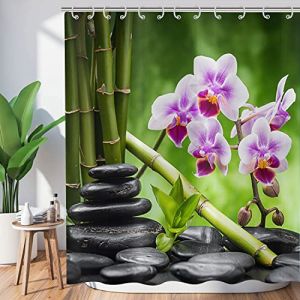 Hnmdmyi Rideau de Douche Zen Jardin 180x240, Spa Vert Bambou Noir Pierre Fleur Violette, Baignoire Japonais M&eacute;ditation Relaxant Imperm&eacute;able Polyester Tissu Lavable (Keluni-shangmao, neuf)