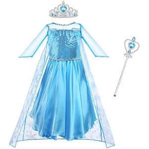 Vicloon Robe Princesse Elsa,3pcs Robe de Princesse Reine des Neiges pour Cosplay Mariage Carnaval F&ecirc;te d'anniversaire - avec Accessoires de Baguette Magique Princesse Couronne(120) (YIJIABAI, neuf)