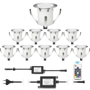 DarisingSun 10 Kit Spots Extérieur Encastrable LED pour Terrasse Enterré Plafonnier,LED Encastrable 0.1W~0.3W IP67 DC12V Etanche,Lampe Extérieur Pour Chemin,Escalier,Piscine,Cour,Salle de Bain RGB (DarisingSun, neuf)