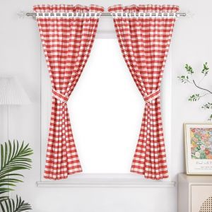 Yujiao Mao Lot de 2 Rideaux Style Campagne Motif à Carreaux Rideaux Brise-bise occultant et Salle de Bain avec 2 embrasses Rouge LxH 100x125cm (YujiaoMao Store, neuf)