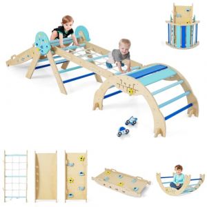 GOPLUS 9 en 1 Triangle Escalade Montesorri pour Enfants 1 Ans+, Parcours Montesorri Bebe Bois Pliable avec Arche, Rampe, Corde&&Eacute;chelle, Pont, Aire de Jeux Int&eacute;rieur (Astre|9 en 1,Bleu) (Augenstern24, neuf)