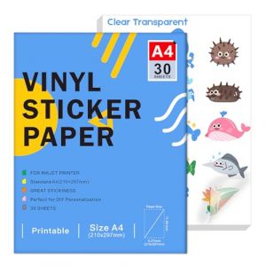 Papier autocollant en vinyle transparent imprimable pour imprimante à jet d'encre - Format A4 (297 x 210 mm), imperméable et auto-adhésif compatible avec Cricut, couleurs vives (30 feuilles) (Ruibtree-FR, neuf)