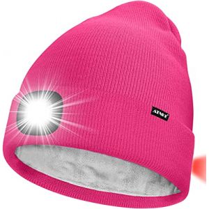 ATNKE Unisexe 8 LED Bonnet Lampe Frontale,USB Rechargeable Rouge Feu Arri&egrave;re Clignotant Chapeau de Course Lumi&egrave;re Chaud Polaire Doubl&eacute;e Tricot Bonnet Cadeaux pour Hommes et Femmes/Rose Red (Memorye, neuf)