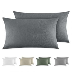 Dreamzie Taie Oreiller 40x80 Coton (Lot De 2) Taies d'Oreillers 100% Coton Lav&eacute; Aspect Lin, Housse de Coussin avec Fermeture Eclair, Gris Fonc&eacute;, Certifi&eacute; Oeko Tex (BMS France, neuf)