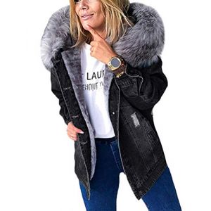 Minetom Parka Femme Capuche Fourrure Manteau Veste en Jean Hiver Chaud Slim Bouton Veste Col Capuche Fourrure Fausse Denim Manteaux (XS, A Noir) (B.W.S KIT, neuf)
