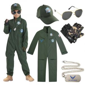 Udekit Costume de Pilote pour Enfants, Costume de Pilote d'avion de Combat de Chasse avec Casquette, Lunettes, Gants, Pendentif pour fête de Carnaval d'Halloween pour Enfants de 3 à 4 ans (CoolcocoTM, neuf)