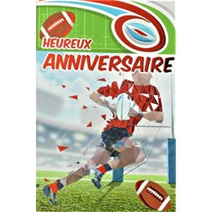 65-1269 Carte Heureux Anniversaire Rouge Brillant Ballon Ovale Rugby Men Homme Champion Marquer des points Poteaux Equipe Stade Terrain Fabriqu&eacute; en France (A.F.W., neuf)