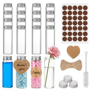 NAHUAA 20 Pièces Tube a Essai Verre Bouchon a Vis 50 ml Tube Transparent à Fond Plat Tubes à Essai Fiole en Verre Eprouvette pour Dragees, Fleur, Épices, Bonbons, avec Cartes d'Étiquettes, 3x10 cm (DEFOONLINE, neuf)