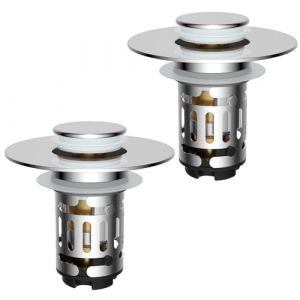 2PC-Hibbent Bouchon Lavabo Salle de Bain avec Filtre de Drain,Bouchon Baignoire Universel &agrave; Noyau en Laiton &agrave; Pousser avec Filtre Amovible,Bonde Lavabo 25-46mm,Rempla&ccedil;ant de Bouchon de Vidage,Chrome (Intelligent3H FR, neuf)