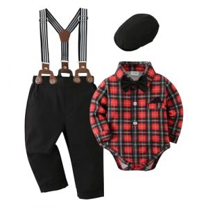ZOEREA Ensemble de V&ecirc;tements B&eacute;b&eacute; Gar&ccedil;on Costume Gentleman Bapt&ecirc;me de Mariage Tenues Noeud Papillon Barboteuse + Pantalons Bretelles Rouge,3-6 mois (KUONUO, neuf)