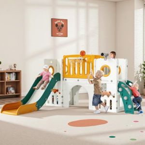 MAMIZO 9 en 1 Toboggan pour Tout-Petits, Toboggan Enfant Panier de Basket et T&eacute;lescope, Jeu Exterieur Enfant, Aire de Jeux Int&eacute;rieure et Ext&eacute;rieure, Stockage et Tunnel, mit 2PCS Moduls,Jaune Vert (BRT Store, neuf)