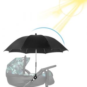 LEKEFETO Parasol de poussette avec support : parasol buggy universel parasol poussette 84 cm de diamètre / protection UV 50+, parasol flexible pour poussette rotatif et inclinable, Noir (2222BUY, neuf)