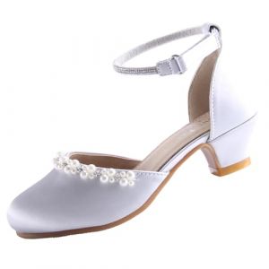 EIGHT KM Chaussures à Talons Hauts pour Filles Chaussures de Soirée de Mariage Escarpins Chaussures de Princesse EKM7033 Soie Lisse Brillante Perles Argent Taille EU 32 (ElfElfElf FR, neuf)