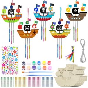 XSHAO® 12 Pcs Pirate Enfant Carillon à Vent, Bricolage Bateau de Pirate en Bois Artisanat de Bateau de Pirate à Peindre pour Bricolage et Décoration Peinture des Enfants (XSHAO, neuf)