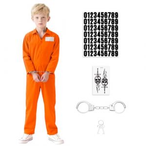 BSBUY Costume de Prisonnier pour Enfant, 3PCS Deguisement Prisonnier Orange Combinaison avec Menottes&Autocollant, Costume de Halloween Carnaval Garçon, Déguisement de Voleur, Bagnard, Détenu (BSBUY, neuf)
