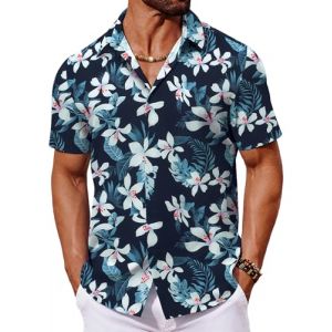 COOFANDY Chemise à Manches Courtes pour Homme Chemise Hawaïenne Chemise D'été Tropicale Légère Chemise à Fleurs Boutonnée FêTe Vacances Plage Chemise Fleurs Blanches Bleu Marine S (COOFANDY's Fashion, neuf)