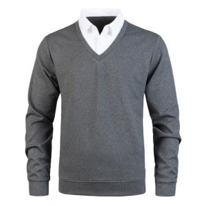 Yukirtiq Pull Homme avec Faux col de Chemise Aotonne Hiver Pull-Over Sweat Manche Longue Pulls avec col Chemise, Gris+Blanc, M (Yukirtiq, neuf)