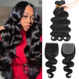 Tissage Bresilien en lot Cheveux Humain Ondulé Vierge Hair 3 Bundles with 4x4 Lace Closure Tissage Bresilien Mèches Brésilien 100% Body Wave Human Hair Naturelle Couleur 16 18 20+14 (ELEE'S HAIR, neuf)