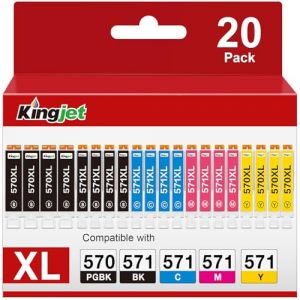 KINGJET 570 571 XL Cartouche d'encre Compatibles pour Cartouche Canon 571 pour Cartouche Canon MG5750 pour PIXMA TS5050 TS5055 TS5053 MG6852 MG6850 MG5700 MG5752 MG5753 (20 Pack) (KINGJET IMAGE CO., LTD., neuf)