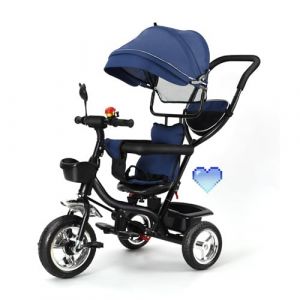 Tricycle Bébé Évolutif Jusqu'À 30 Kg, Velo Bebe pour Les Enfants À Partir de 1 an, Soleil Canne Télescopique et Pédales Amovibles Tricycle à Pousser pour Filles/Garçons-4 en 1 (Bleu foncé) (Hechheu, neuf)