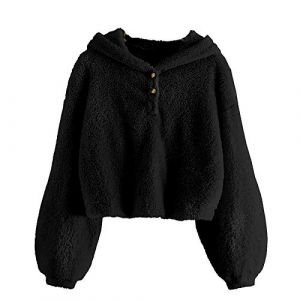 Sweat &agrave; capuche teddy pelucheux &agrave; manches longues court pour filles - Couleur unie - Chaud - Ample - Boutonn&eacute; - Pull &agrave; capuche - Veste polaire sherpa - Haut - V&ecirc;tements d'automne et d'hiver, Noir , 9 (Zouanwai, neuf)