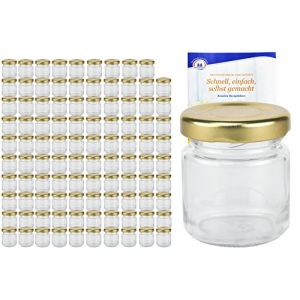 MamboCat Lot de 100 bocaux ronds de 53 ml avec couvercle doré TO 43 avec livret de recettes Diamant Gelierzauber (français non garanti), bocaux, conserves, bocaux de conservation, mini bocaux à (MamboCat, neuf)