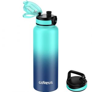 GOPPUS Gourde isotherme en acier inoxydable de 1,2 l avec paille infuseur, 2 couvercles, sans BPA, anti-fuite, convient pour les boissons gazeuses, le vélo, le sport, le thé (Tartard-eu, neuf)