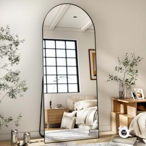BEAUTYPEAK Miroir pleine longueur arqué, 170 x 57 cm, miroir sur pied bombé, suspendu ou appuyé contre le mur, grand miroir de sol avec support, pour chambre à coucher, salon ou dressing, noir (VOOBANG, neuf)