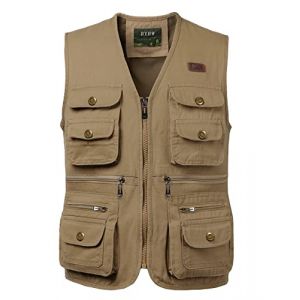 KTWOLEN Gilets de Pêche pour Hommes Gilet de Travail Safari Gilet Photographie de Sport Multi-poches Gilet Veste Sans Manches de Voyage, Kaki, S (KTWOLEN, neuf)