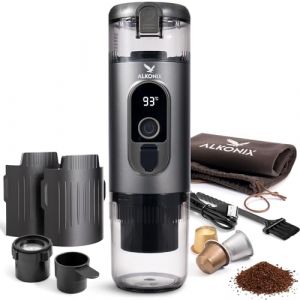 ALKONIX-Machine &agrave; Caf&eacute; Portable USB-C &ndash; Cafeti&egrave;re Nomade Espresso Rechargeable avec 2 Batteries Amovibles &ndash; Compatible Capsules Standards & Caf&eacute; Moulu &ndash; Chauffe Int&eacute;gr&eacute;e (Gris) (AKX Shop, neuf)