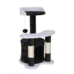 Wiltec Arbre à Chat - 65 cm de Haut - Design ludique Balle de Jeu - Meuble grattage félin Peluche - Couleur Noir-Blanc - Grattoir griffoir avec Maisonnette, sisal, Niche et Plate-Forme (Wiltec Wildanger Technik GmbH, neuf)