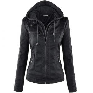 Newbestyle Femme &agrave; Capuche Veste Simili Cuir Femme Moto Style Manteau,Black,L (Newbestyle, neuf)