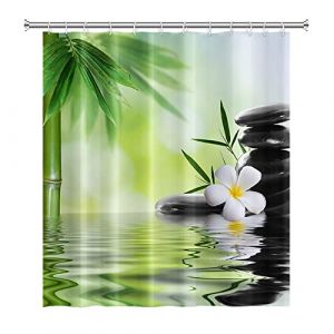 SDOTPMT 152x183cm Eau Spa Rideau de Douche Vert Bambou Feuilles Orchid&eacute;e Fleur Zen M&eacute;ditation Basalte Pierres Floral pour Salle de Bains Polyester avec Crochets (SDOTPMT, neuf)