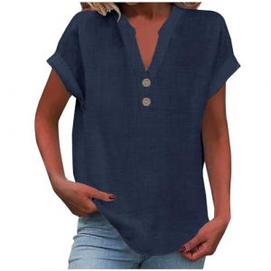 2025 Chemise Lin Femme Coton Et Lin Chemisier élégant à col en V Femme Manches Courtes Henley Chemisier Couleur Uni Tee Shirt été Haut Top Respirant T-Shirts Grande Taille Tunique Blouse Pas Cher (GMGM  (Économisez 50% sur 1 des 2 articles), neuf)