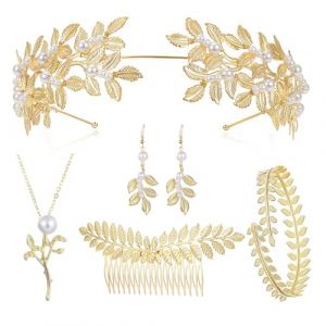 VIDSTW 6 Pièces Déesse Grecque Costume Parures pour Femme Inclure Boucles D'oreilles Collier Bracelets Bandeaux Peignes à Cheveux Deguisement Deesse Grecque Femme Couronne Laurier Parure Bijoux (C) (BAIYIKEJI, neuf)