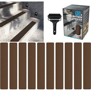 cocofy Stickers Escalier Antidérapants Extérieur et Intérieur | 10 Bandes Brunes (61x10 cm) Surface Spéciale Extérieur Forte Adhérence | Antidérapant Escalier | avec Rouleau de Pose (Varento, neuf)