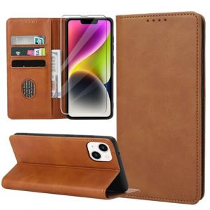 ZYIMOU Coque pour iPhone 14, Housse en Cuir PU Flip Pochette Portefeuille Étui avec Emplacement Carte iPhone 14 Coque Magnétique Antichoc, Marron (Casecool, neuf)