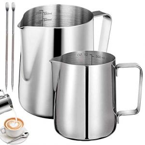 Pot à Lait en Acier Inoxydable,Tianher Pot à Lait en Acier Inoxydable à Main Levée Café Barista Inox 350ml 600ml Pichet avec Mesure Mark et Latte Art Pen pour Création Cappuccino Espresso (argenté) (Tianher, neuf)