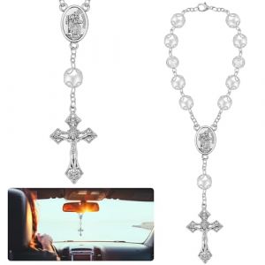Otuuz 1 Chapelet de Voiture pour Rétroviseur avec Saint Christophe et Crucifix, Argent, Cadeau pour Conducteur Chapelet pour Pare-Soleil Rétroviseur Intérieur Talisman pour la Chance en Voyage (Starrywpsky, neuf)