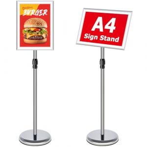 VAIIGO Porte Affiche A4 sur Pied R&eacute;glable - Support d'affichage pour Affiche et Menu Restaurant - Pr&eacute;sentoir Publicitaire Ext&eacute;rieur/Int&eacute;rieur avec Base Stable - Pour Bureau, Magasin, Mariage - Argent&eacute; (WIIGO, neuf)