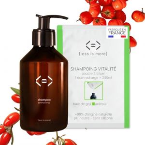 Less is More, Shampoing Naturel en Poudre à Diluer, Goji Acérola pour Soin Cheveux Ternes, Kit Bouteille + 1 Recharge Ecologique sans Plastique à Usage Unique, 250ml à Reconstituer, Made in France (we are less is more, neuf)