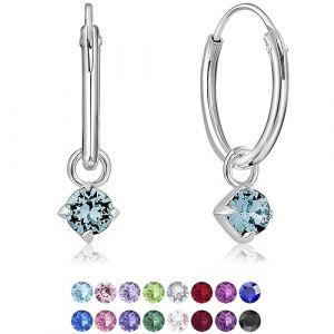 DTPsilver&reg; Boucles d'oreilles PETITES Cr&eacute;oles en Argent Fin 925 avec petit Pendentif 3 mm Cristaux de Swarovski&reg; Elements Ronds - &Eacute;paisseur 1.2 mm - Diam&egrave;tre: 12 mm - Couleur: Aigue-Marine (DTPSilver, neuf)