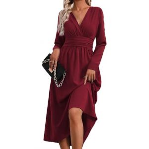 QUNERY Robe Longue Femme Ete/Automne El&eacute;gante Robes de Plage Manches Courtes/Longues V Taille Haute Robe Unie Maxi Casual et Chic Dress B-Rouge Vin S (YIYING-EU, neuf)