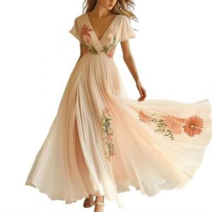 Minetom Femme Robe De Soir&eacute;e Chic Longue Col V &Agrave; Fleur Mousseline Manches Longue Maxi Dress Plage D'&Eacute;t&eacute; Cocktail Mariage Robe De Demoiselle d'honneur C1 Rose M (B.W.S KIT, neuf)